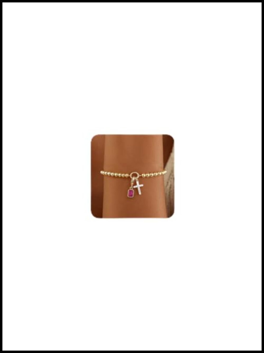 14K Gold Plated Beaded Cross Bracelet with Cubic Zirconia Birthstone Charm